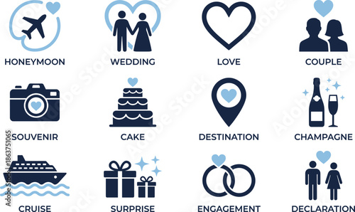 Wedding honeymoon and love icons set, engagement couple travel celebration symbols, flat vector illustration for romance events design collection branding
