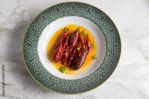 Plate of tasty boiled crayfish