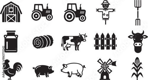 A collection of black farm icons on a white background