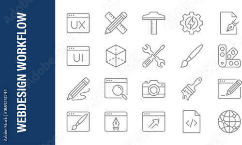 Web design workflow illustration with UX UI icons, creative tools, development process, modern flat line vector concept, interface branding technology