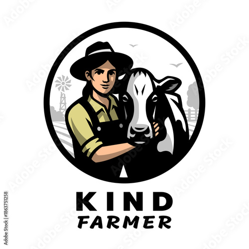 A kind farmer. A female farmer stands with a cow logo.