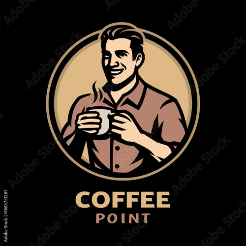 Coffee shop. Logo of a man holding a cup of coffee on dark background