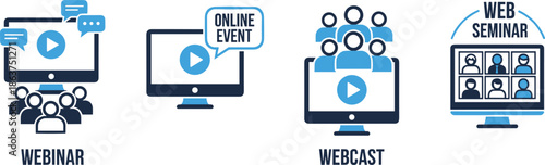 Webinar and webcast icon set showing online seminar, virtual meeting, live streaming event, remote learning, digital presentation and online communication graphics