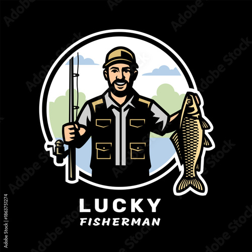 Lucky fisherman. Logo of a fisherman with a fishing rod and fish on dark background