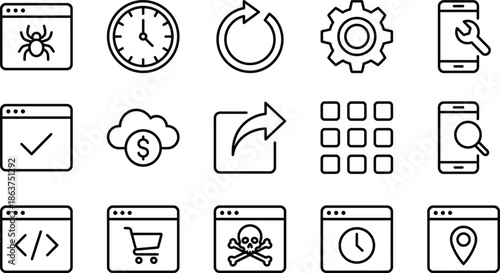 Web application interface icons set, featuring settings security cloud update mobile search ecommerce development vector outline illustration collection
