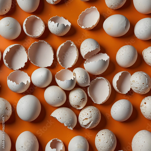 Amazing shot of eggshells isolated on orange