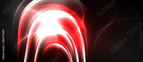 Abstract red light curves radiate from bright center. Dark background emphasizes glowing energy, creating dynamic visual effect.