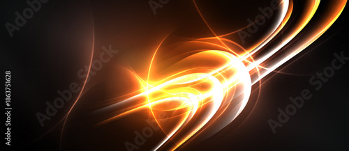 Bright orange energy flows, curves, radiates. Dark background emphasizes glowing lines, creating dynamic visual effect. Abstract design.