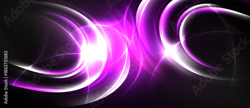 Abstract swirls, vibrant pinks, whites against black background. Dynamic energy radiates from central bright point. Modern design.
