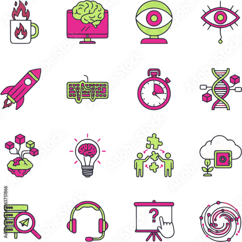 vector icon collection featuring 16 surreal and humorous symbols for modern office culture and digital work environments. This set follows the 'Surreal Silliness' trend, blending high-precision monoli