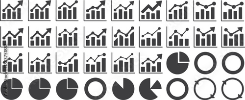 Collection of black and white bar and pie charts with upward trends