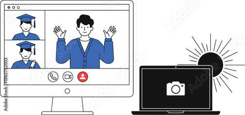 Virtual graduation ceremony, online education, video call celebration, remote learning, digital event, graduates on screen, webcam meeting, e-learning, academic success