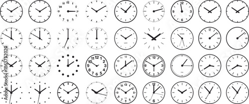 Collection of black and white analog clock faces showing different times