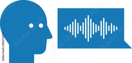 Voice recognition concept icon, human head speaking sound wave speech bubble, audio communication technology, artificial intelligence, flat vector illustration design