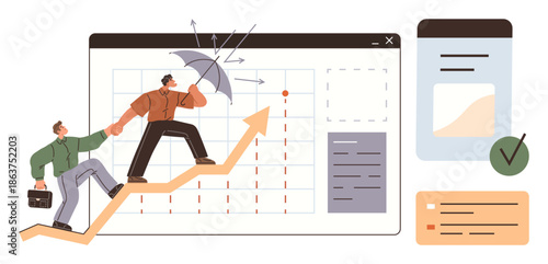 Risk management, business growth, teamwork, analytics, problem solving, success. Two people navigating up an arrow with data charts. Risk management and business growth concept