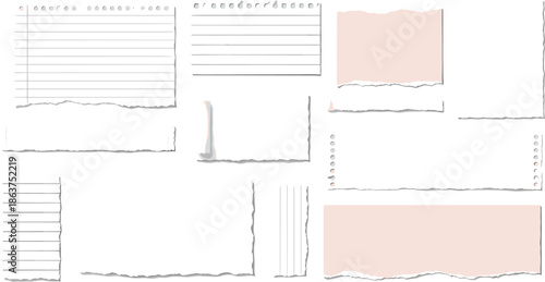 Collection of torn notebook paper pieces and sticky notes isolated on white background, realistic ripped edges stationery elements for scrapbook memo collage design