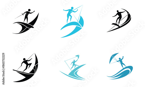 Abstract Dynamic Silhouette Vector Icons For Professional Kitesurfing And Extreme Water Sports Branding.