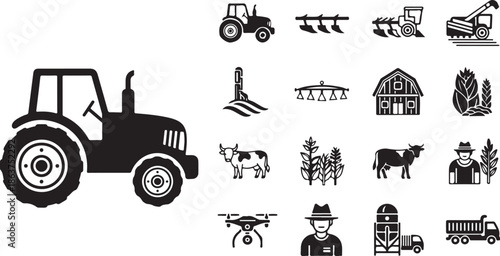 A collection of black farm icons on a white background