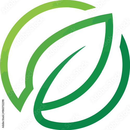 Minimalist graphic design featuring a stylized green leaf enclosed within a circular element suggesting growth and environmental concepts for branding needs.