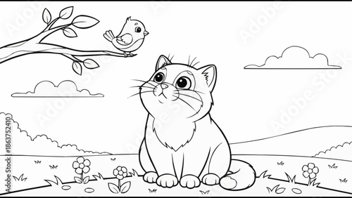 Cute cartoon cat looking up at a small bird on a tree branch.