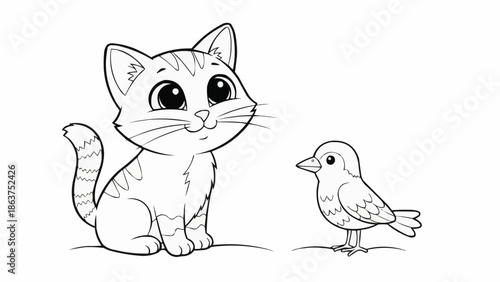 Cute cartoon cat and bird illustration for coloring.