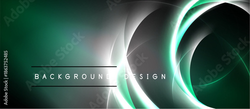 Dark background features glowing circular lines. Green, gray, white colors blend creating modern design element. Text reads background design.