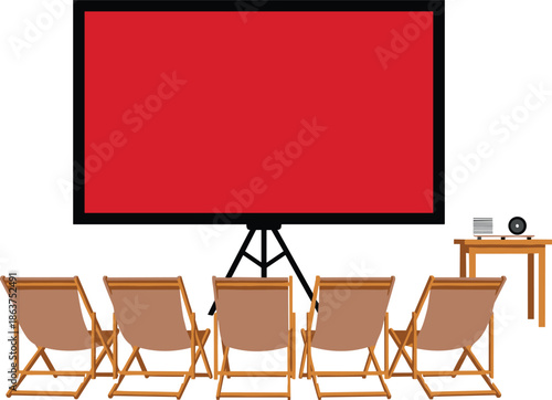 movie screening setup, presentation scene, folding chairs, tripod screen, digital projector, indoor event, portable layout, cad drawing flat vector illustration
