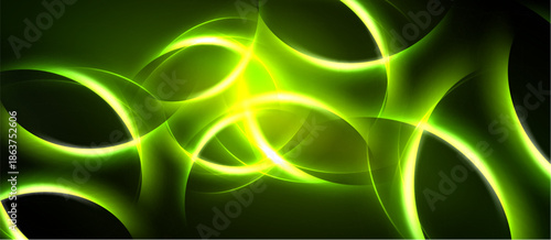 Abstract luminous swirls, vibrant green hues dominate dark background. Flowing lines create dynamic energy, captivating visual effect.