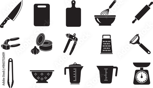 A collection of kitchen utensils and tools on a white background