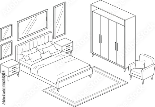 bedroom interior, furniture layout, modern decor, wardrobe design, tufted headboard, nightstand drawers, framed wall art, rug, armchair, cad drawing 