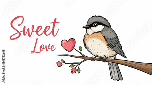 Cute Bird Sitting on a Branch with Heart and Sweet Love Text.