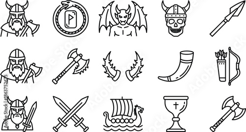 Viking mythology line icons set, norse warrior symbols, axes swords helmets runes ships, fantasy history vector illustration collection