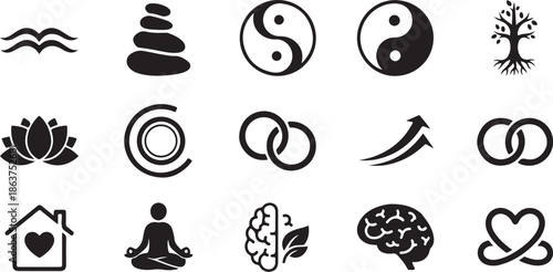 A collection of black and white wellness icons on a clean white background