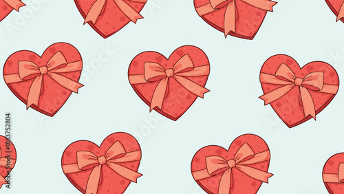 Seamless pattern of red heart shaped gift boxes with large pink ribbons and bows for Valentines Day and love themes.