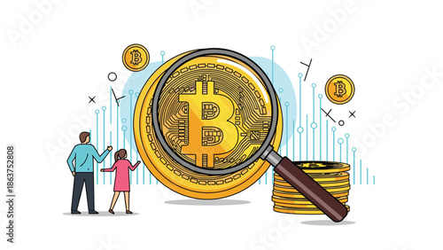 Illustration of a man and a girl looking at a giant golden Bitcoin through a magnifying glass to symbolize research.