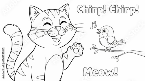 Cute cartoon cat and bird illustration for coloring.