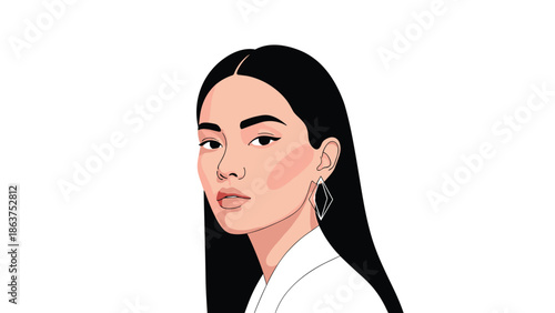 Stylish digital portrait of a beautiful woman with long straight black hair and diamond earrings against a white background.