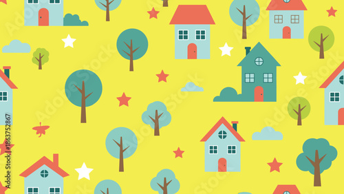 Colorful and playful seamless pattern featuring houses trees stars and clouds on a bright yellow background for kids decor.