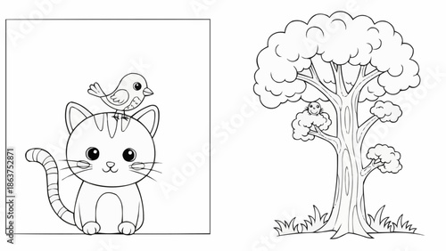 Cute cartoon cat with a bird on its head line art.