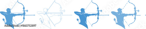 Four blue archer silhouettes in different styles aiming bows archery arrow