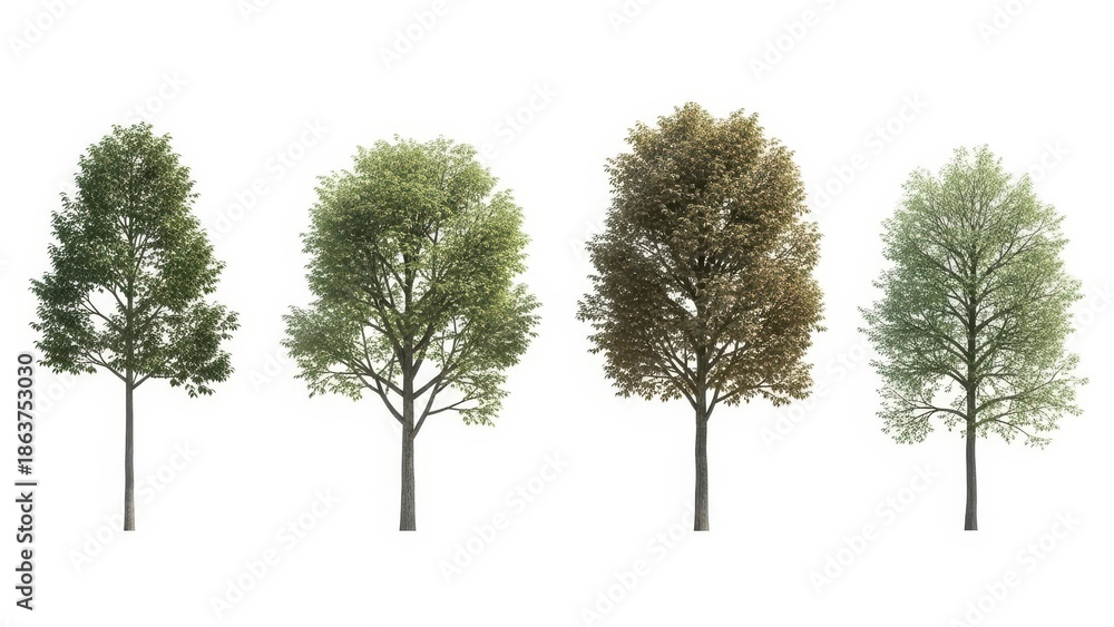 Fototapeta premium Trees Isolated on White Background - Various Foliage, Nature, Forest