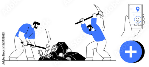 Mining concept. Workers using tools to mine rocks, paired with location tracking on a phone and medical plus. Mining reflects hard work, data capture, and technological applications. For industrial