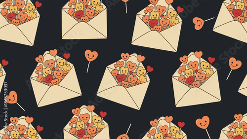 Seamless pattern of envelopes with smiling heart lollipops on a dark blue background for romantic and playful themes.
