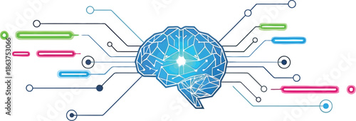 Abstract digital representation of a glowing polygonal human brain connected to colorful neon circuit lines symbolizing artificial intelligence and complex data processing visualization