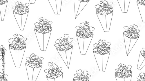 Seamless pattern of black and white line art bouquets of hearts in paper cones for minimalist romantic background designs.