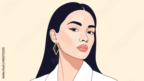 Artistic portrait of a beautiful woman with long black hair and golden diamond earrings against a plain beige background.