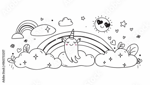 Whimsical unicorn sitting on fluffy clouds under a vibrant rainbow