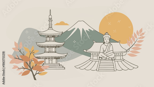 Serene Buddhist monk meditating near traditional pagoda temple