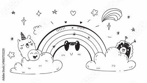 Whimsical cartoon animals celebrate under a magical rainbow