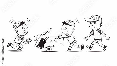 Three boys transporting a large box on a dolly together